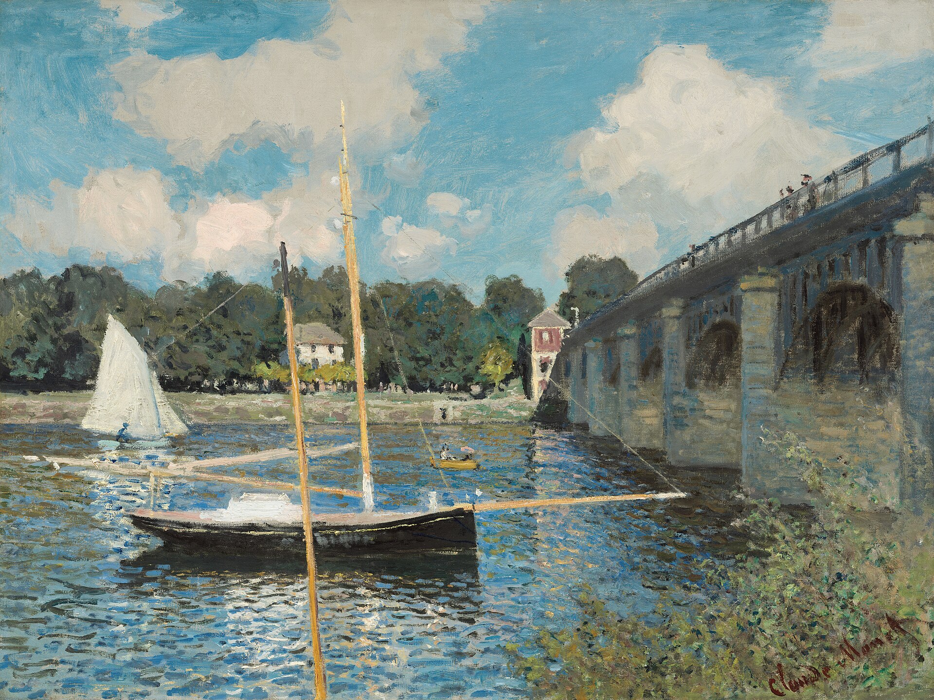 Sailboats moored on the Seine at Argenteuil beside the arches of the road bridge, under a summer sky