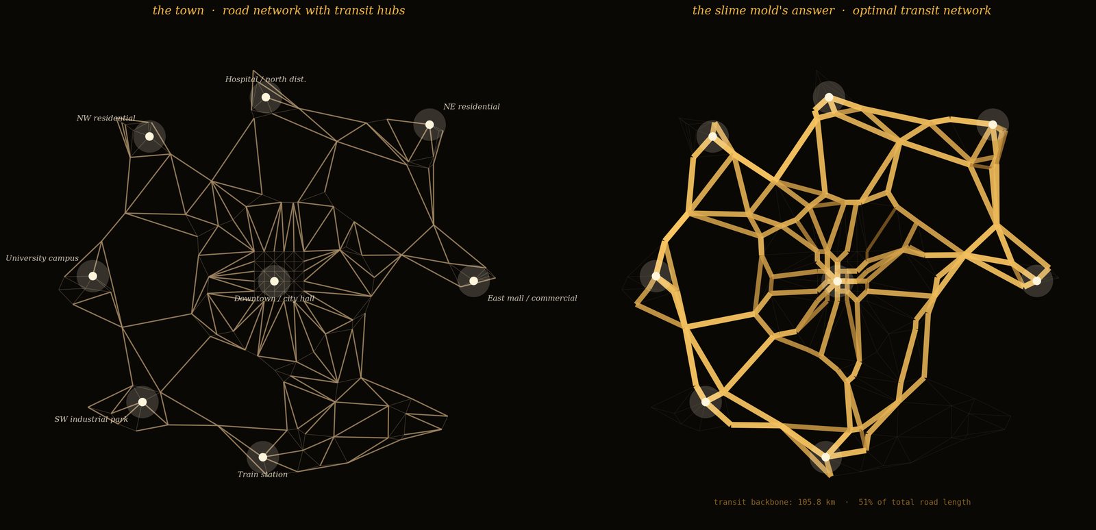Two dark panels. Left: a thin road network connecting eight labelled hubs such as downtown, a hospital and a train station. Right: thick gold lines showing the backbone the slime-mold model kept.
